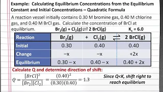 CHEM 201: Calculating Equilibrium Concentrations from K and Initial Values – Quadratic Formula