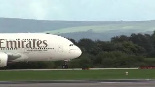 A380 800 Emirates Taxi and Depart From Manchester Airport Runway 23L