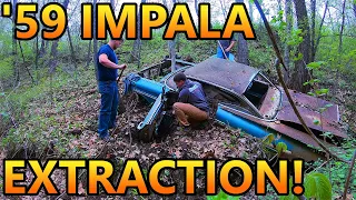 We Pulled a 1959 Impala 2DR Hardtop out of a Ravine! Sitting Since the Early 1970s! (Old Car Rescue)