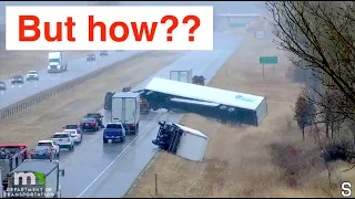 6 Semi-Trucks rollover in 40 seconds