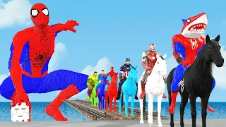 Game 5 Superheroes| spiderman the challenge of riding a horse across the river vs Batman vs hulk