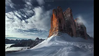 Dolomites. Skiing. Aerial photography. Drone 4K. Views of winter rocks and mountains