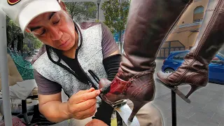 MEDIEVAL STYLE BOOTS brought BACK TO LIFE by Francisco! Street Shoe Shine in CDMX (ASMR SOUNDS)