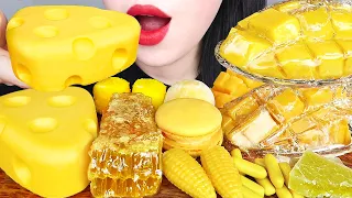 ASMR YELLOW DESSERT CHEESE CAKE, ICE CREAM MOCHI, HONEYCOMB, CANDIED FRUITS, JELLY, KOHAKUTO MUKBANG