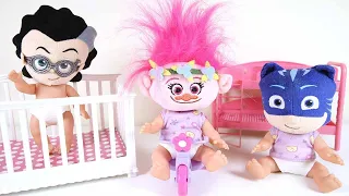 Babies Have Sleepover Party Playset with Trolls Poppy and Heroes Videos For Kids