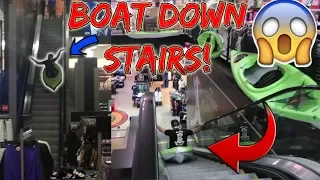 INSANE BOAT SLIDE DOWN ESCALATORS! (COPS CALLED)