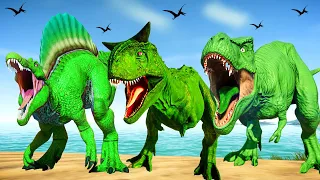 Green Dinosaurs Fighting in Jurassic World Evolution - T-Rex vs Spinosaurus vs Carnotaurus