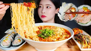 ASMR SPICY NOODLE SOUP RAMEN * TUNA MAYONNAISE BOMB GIMBAP! 2 KINDS OF KIMCHI MUKBANG Eating Show