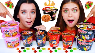 ASMR SPICY FIRE NOODLES VS UNKNOWN FOOD CHALLENGE (TIK TOK JELLY, BUBBLE GUM, GUMMY BEAR)