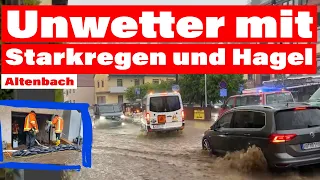 Wasser 🌧 🌊 schießt nach Starkregen durch den Ort: Hauptstraße in Altenbach wadenhoch überspült