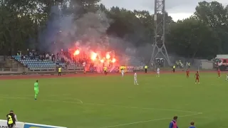 Liepaja - Dinamo Minsk. Europa League. Dinamo Minsk fans, fireshow.