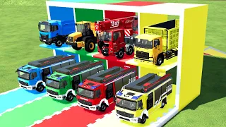 GARAGE OF COLORS! TRANSPORTING CRANE TRUCK, DUMP TRUCK, FIRE ENGINE TRUCK TO GARAGE! FS22 MODS