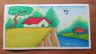 Scenery Akanor Sundor Upay || How to draw a village scenery step by step || Easy drawing