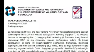 TAAL VOLCANO BULLETIN APRIL 3, 2021 FROM DOST PHIVOLCS