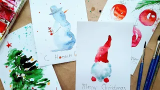 Watercolor cards for New Year | We draw very quickly and easily! Snowman, gnome, tree and balls🎨