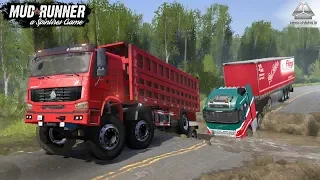 Spintires: MudRunner - HOWO Pulls a Volvo out of a Huge Hole Road Collapse