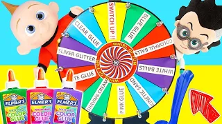Spin The Wheel Challenge with The Incredibles 2 Jack Jack and PJ Masks Romeo & Glue Slime Colours