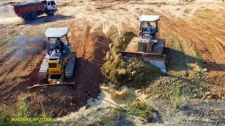 Incredible New Project LandFill Starting With Bulldozer Pushing Dirt & 10Wheel Dump Truck Unloading