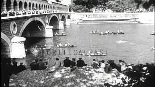 French swimming champion Jean Taris wins a race in the Seine River in Paris, Fran...HD Stock Footage