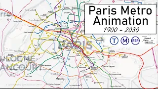 Paris Metro Expansion 1900-2030  (Métro, RER, Tram, Grand Paris Express) Animation