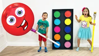 Magic Colored Paints! Sofia and Max draw a big Dinosaur Toy and a Red balloon