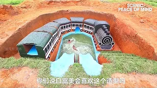 65 DAYS BUILD A TRAIN SHAPED SWIMMINGPOOL IN UNDERGROUND OF FOREST #survival #building #foresthouse