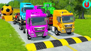 Double Flatbed Trailer Truck vs Speedbumps Train vs Cars | Tractor vs Train Beamng.Drive 050