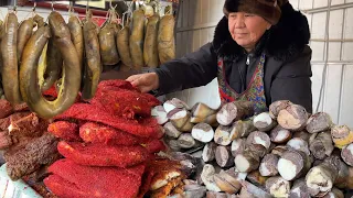 Popular STREET FOOD from HORSE intestine and meat || OSH bazaar