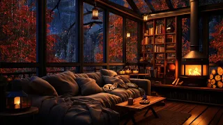 🍂⛈🔥 Autumn Thunderstorm with Lightnings and Crackling Fireplace in a Cozy Cabin with large Windows