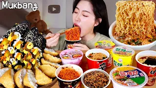 mini Kimbap and 8 ramens eating showㅣKorean spicy noodles ASMR MUKBANGㅣREAL SOUNDㅣ