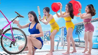 FUNNY COUPLE AT THE POOL PRANK BATTLE Nerf Guns Unlucky Boy Fighting Three Girls PVQ Nerf Nerf