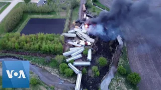 Drone Footage Shows Train Derailment in Iowa