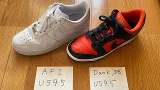 Dunk vs Air Force 1 Sizing comparison (insole size check)