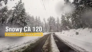 [4K] Escape from heavy snow through snowy CA 120, from Yosemite Lakes RV park.