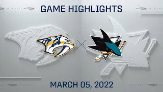 NHL Highlights | Predators vs. Sharks - Mar. 5, 2022