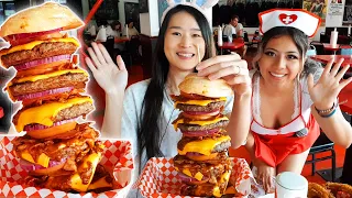 Heart Attack Grill SEXTUPLE 6X6 Bypass Burger Challenge!! Girl Eats 6X6 Giant Burger - Mukbang