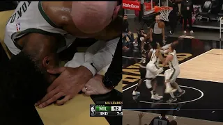 Giannis Antetokounmpo scary hyperextended left knee down on the floor Game 4 Bucks vs Atlanta