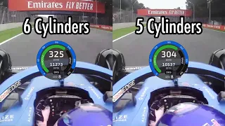 How much slower F1 car is if engine loses 1 cylinder?