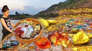 Gold treasures, gold, diamonds and gems are exposed in the river.