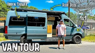 VAN TOUR - Cool HIDDEN Shower | FULL TIME in a Luxury/Utility Sprinter 4x4 Campervan Build