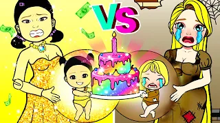 Oh! Who Got Rainbow Birthday Cake? - Rich Squid Game VS Poor Rapunzel | Paper Dolls Story Animation