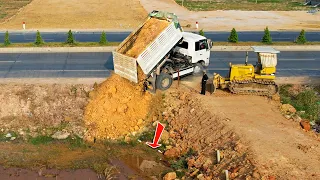 First Start Small Project! Push Soil & Stone by Bulldozer Komatsu D31P and Dump Truck Unloading