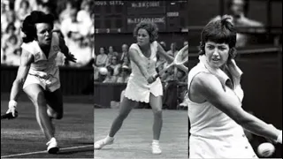 Margaret Court, C Evert, Evonne Goolagong and BillieJean King warming-up at Wimbledon Centre Court
