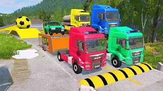 Double Flatbed Trailer Truck vs Speedbumps Train vs Cars | Tractor vs Train Beamng.Drive 062