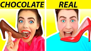 Real vs Chocolate Food Challenge #2 | Last To STOP Eating Wins! Taste Test by Ideas 4 Fun