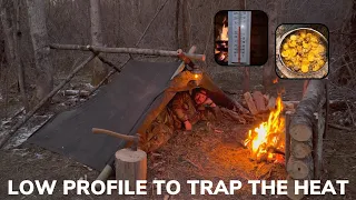 Solo Overnight Building a Tarp Tent in Severe Cold Weather to Trap Heat and Ribeye Potato Skillet