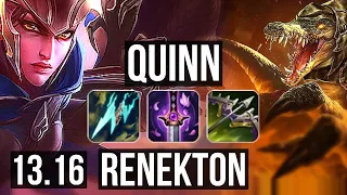 QUINN vs RENEKTON (TOP) | Rank 4 Quinn, 1.9M mastery, Legendary, 18/3/11 | NA Grandmaster | 13.16