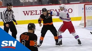 Rangers' Strome Drops Gloves With Flyers' Konecny After Delivering Late Hit