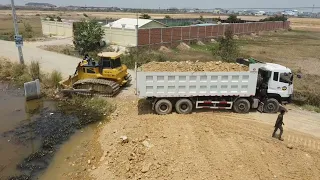 Starting new project Heavy Dozer working push soil Filling/Heavy dump truck unloading soil