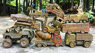 Cleaning Muddy Toy Vehicles Police Car, Indian Auto Rickshaw, Tank Truck, Jeep Car, Mixer Truck,